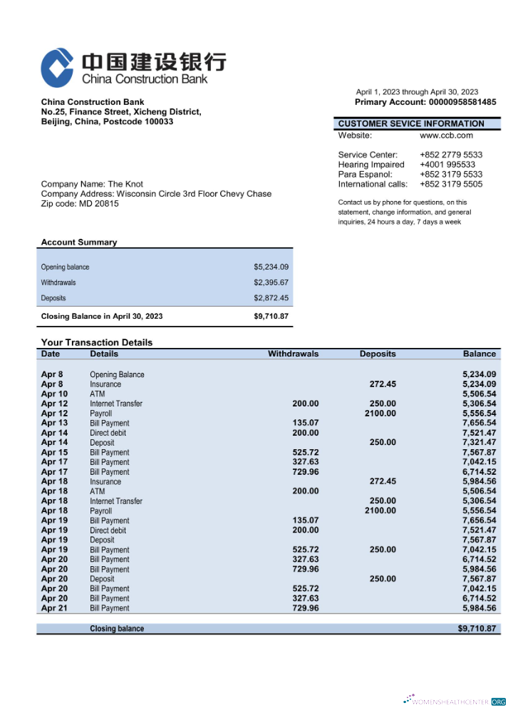 Download China Construction bank business account statement Word and PDF template Photoshop template